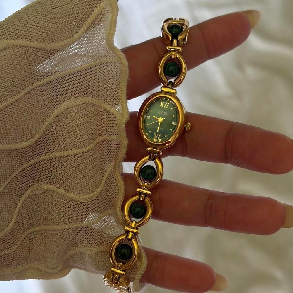 Retro Inspired Gold Green Stone Bracelet Watch + Jewelry Pouch